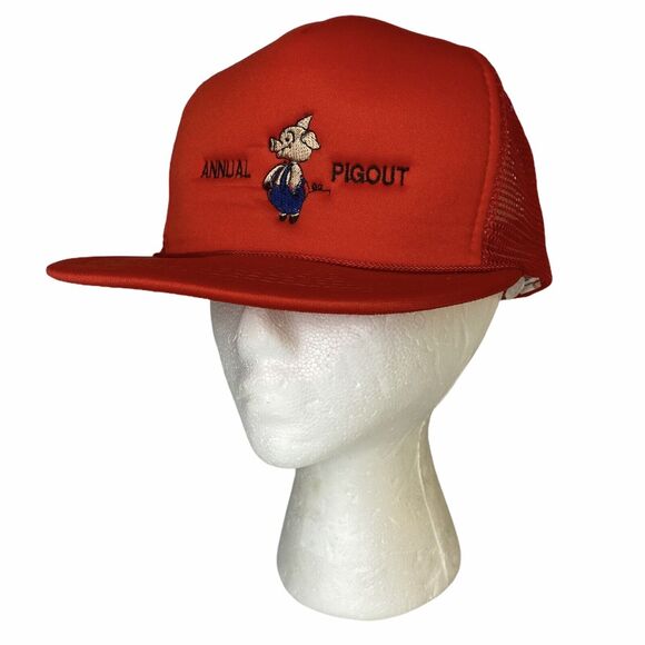 Vtg Annual Pigout Trucker Hat Red Snap Back Gold Medal BBQ Block Party Tailgate - Picture 4 of 12